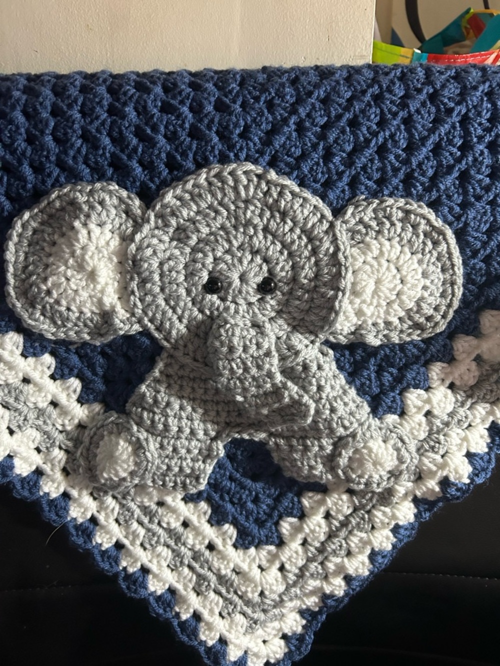 Handmade Crochet Elephant Baby Blanket - Navy, Gray & White